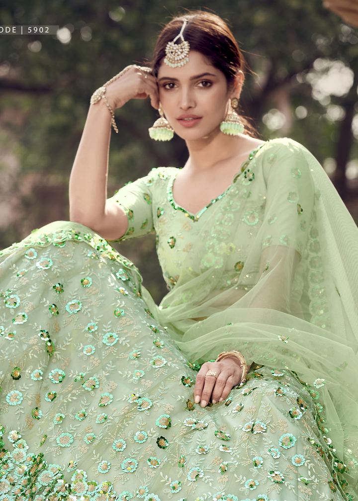 Mint Green Designer Soft Net Lehenga Choli with Sequins & Thread work