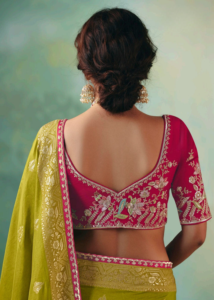 Olive Green Pure Viscose Dola Silk Saree with Zari Weaving & Embroidered Blouse