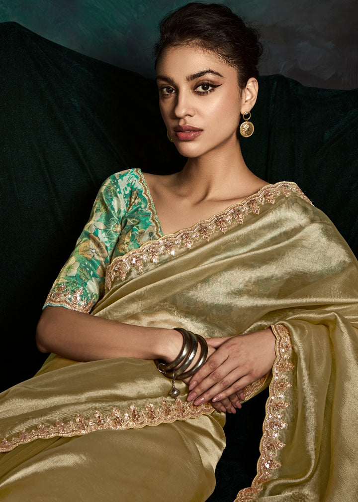 Golden Silk Saree With Sequins