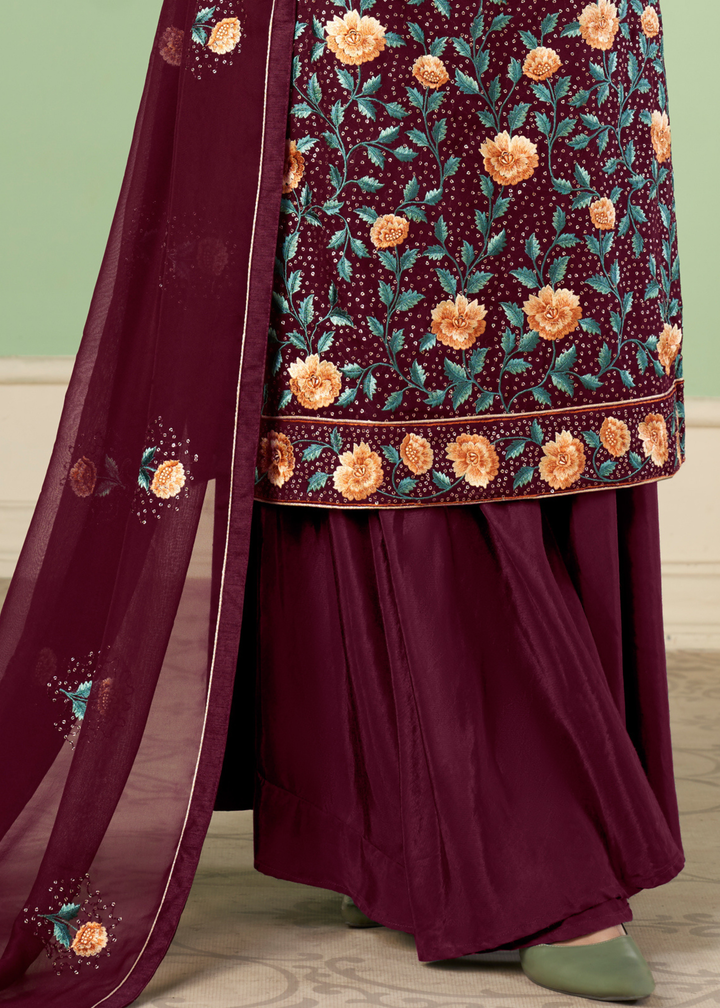 Currant Red Georgette Salwar Suit with Multi Colour Thread Embroidery & Sequence work