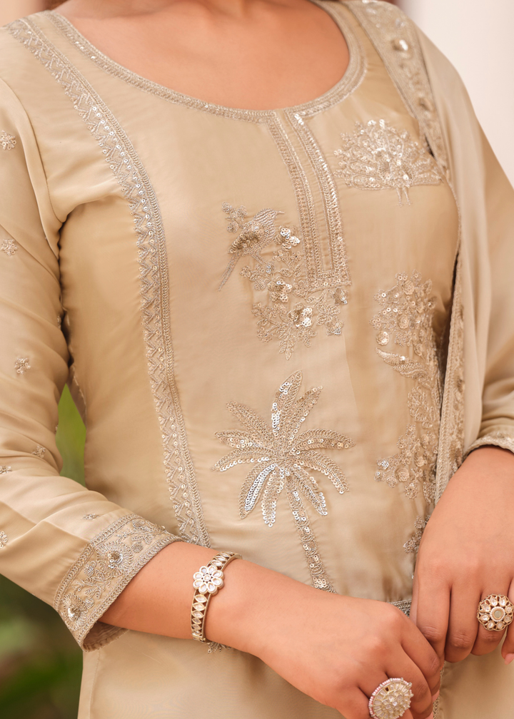Champagne Beige Silk Satin Sharara Suit