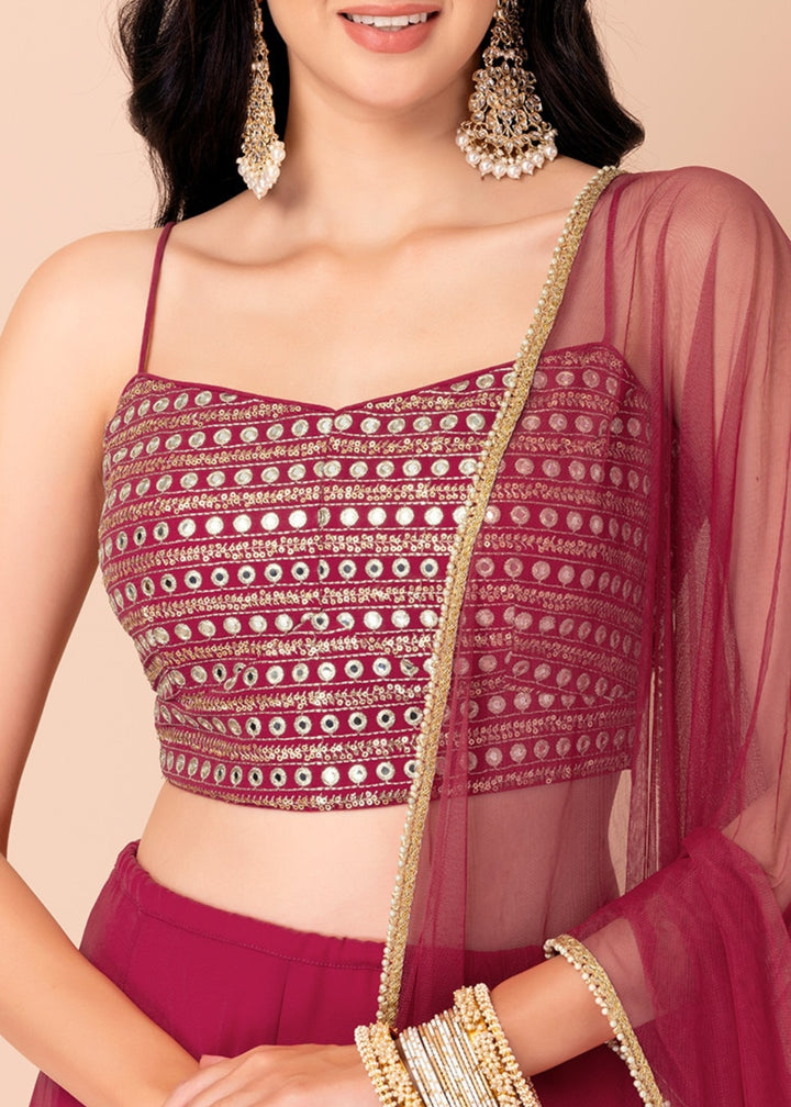 Raspberry Pink Georgette Lehenga Choli With Sequins And Thread Embroidery Work