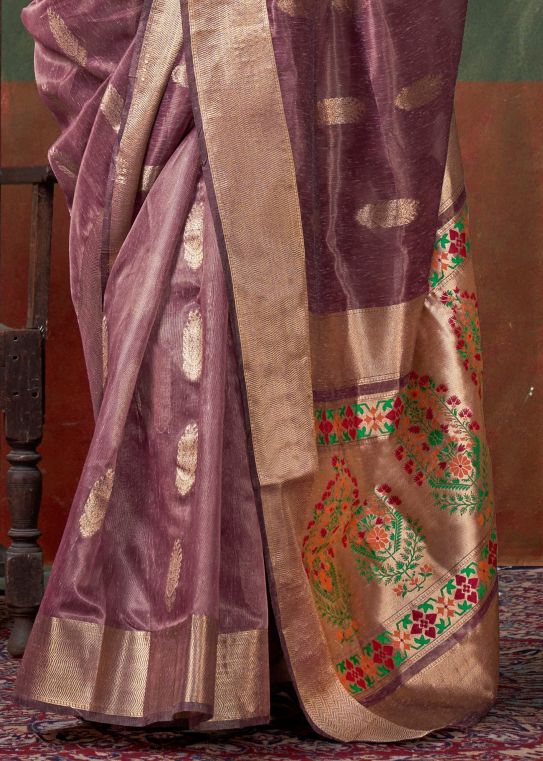 Mulberry Purple Paithani Tissue Silk Saree With Zari Work