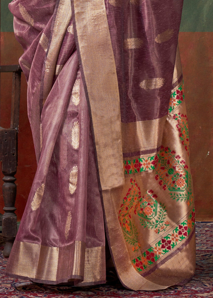 Mulberry Purple Paithani Tissue Silk Saree With Zari Work