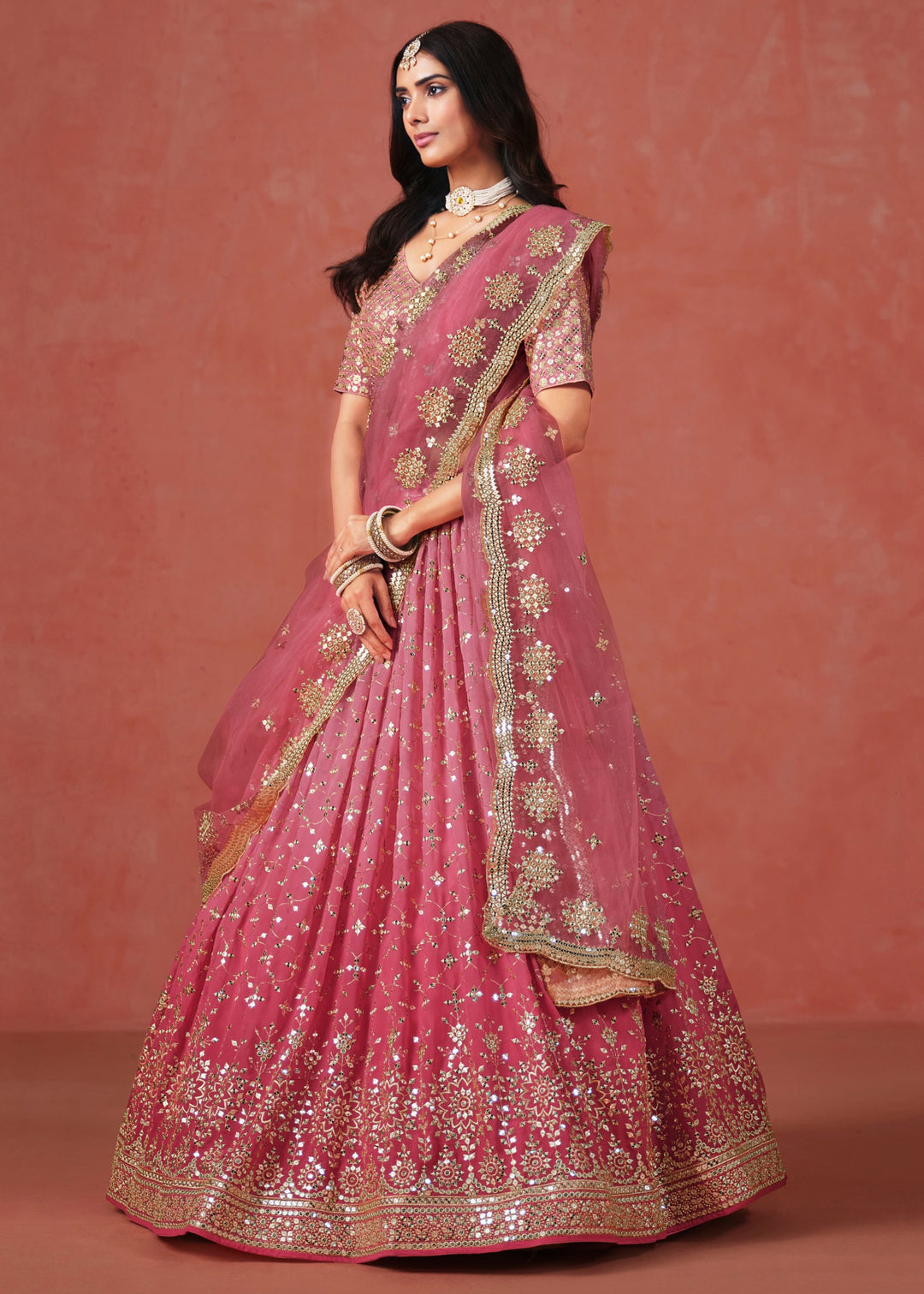 Peach Sequins Zari Embroidered Work Georgette Lehenga