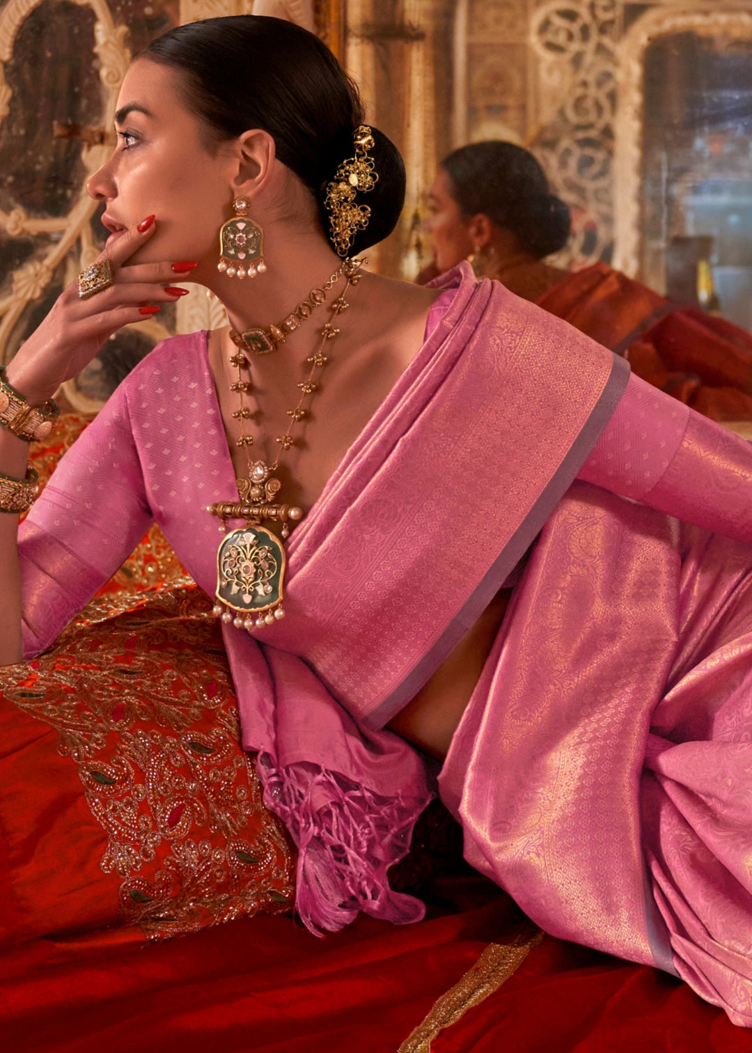 Rose Pink Handloom Weaving Silk Saree