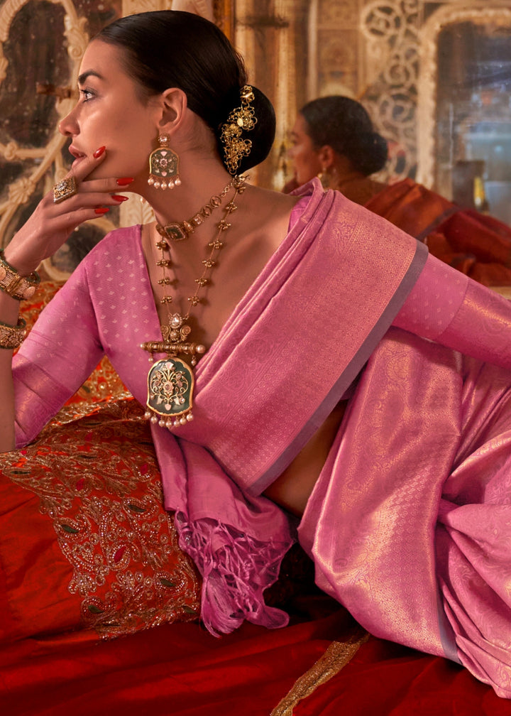 Rose Pink Handloom Weaving Silk Saree