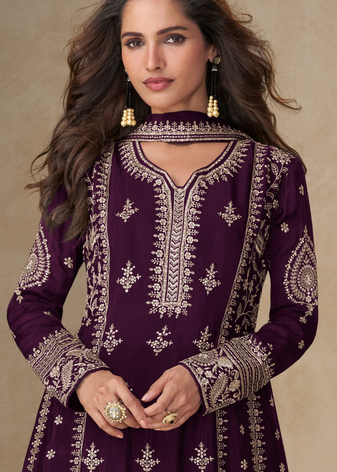 Dark Purple Chinon Silk Suit With Embroidery Work