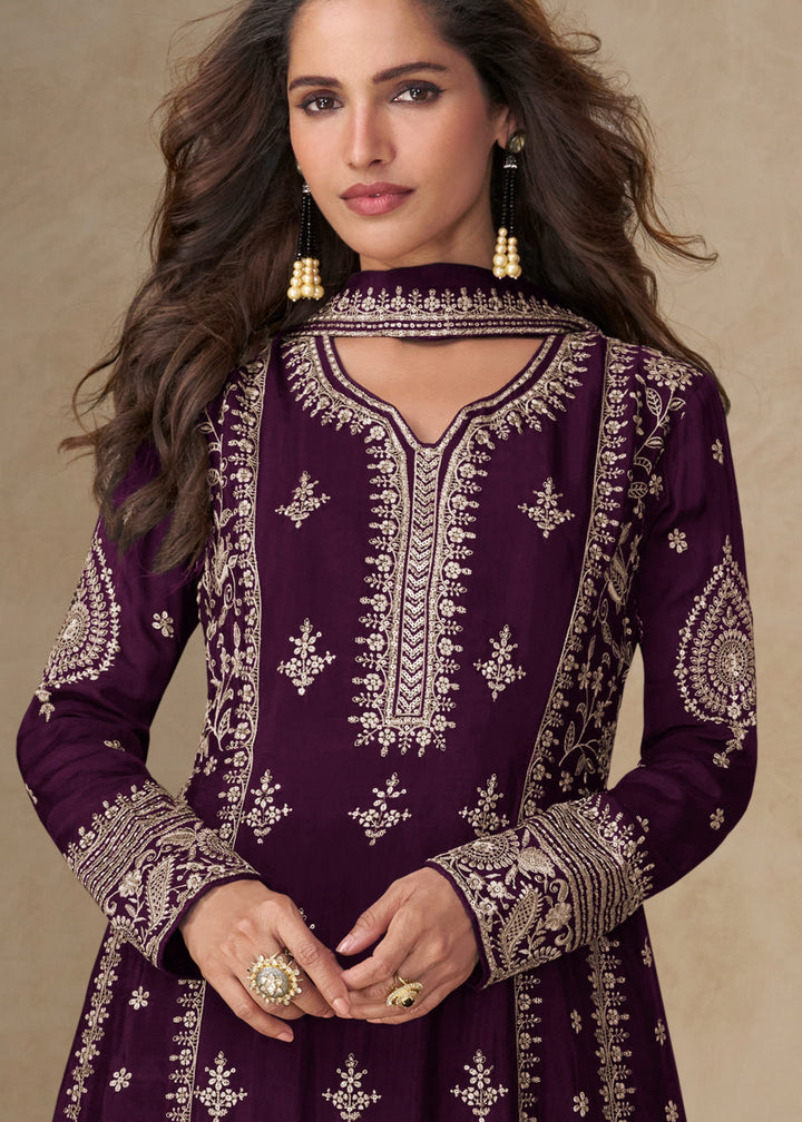 Dark Purple Chinon Silk Suit With Embroidery Work