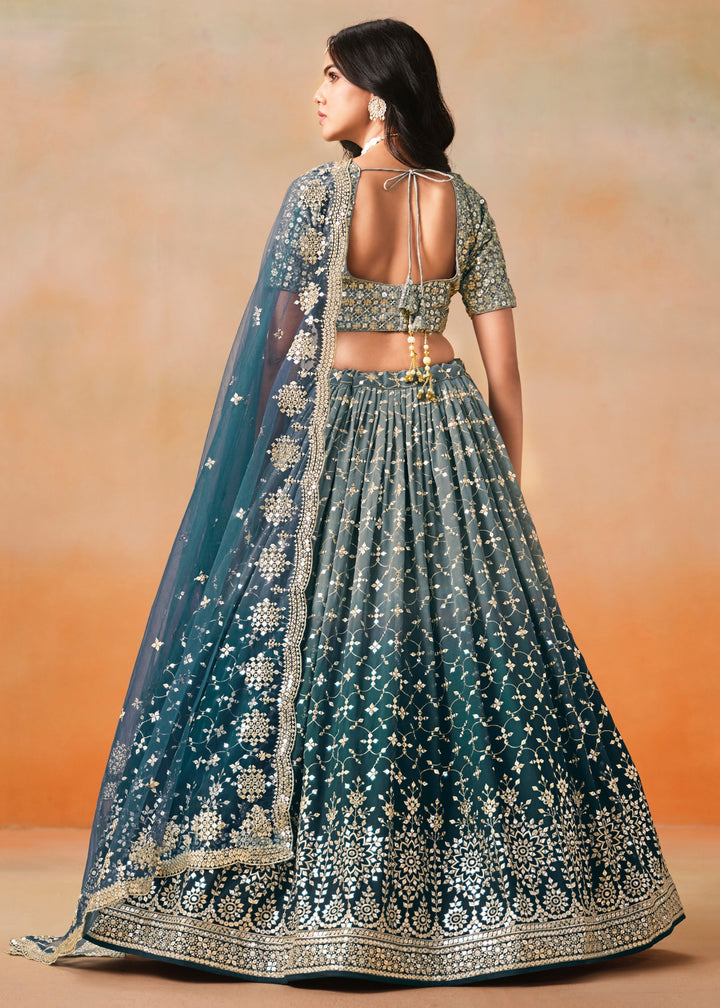 Dove Blue Sequins Zari Embroidered Work Georgette Lehenga