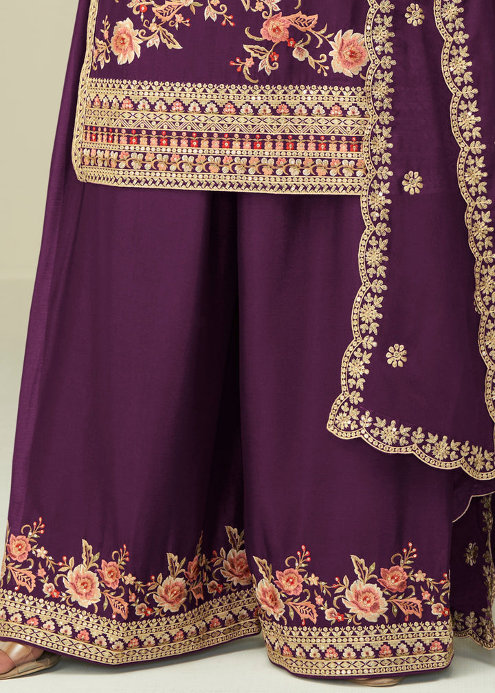 Eggplant Purple Chinon SIlk Plazo Suit With Embroidered Work