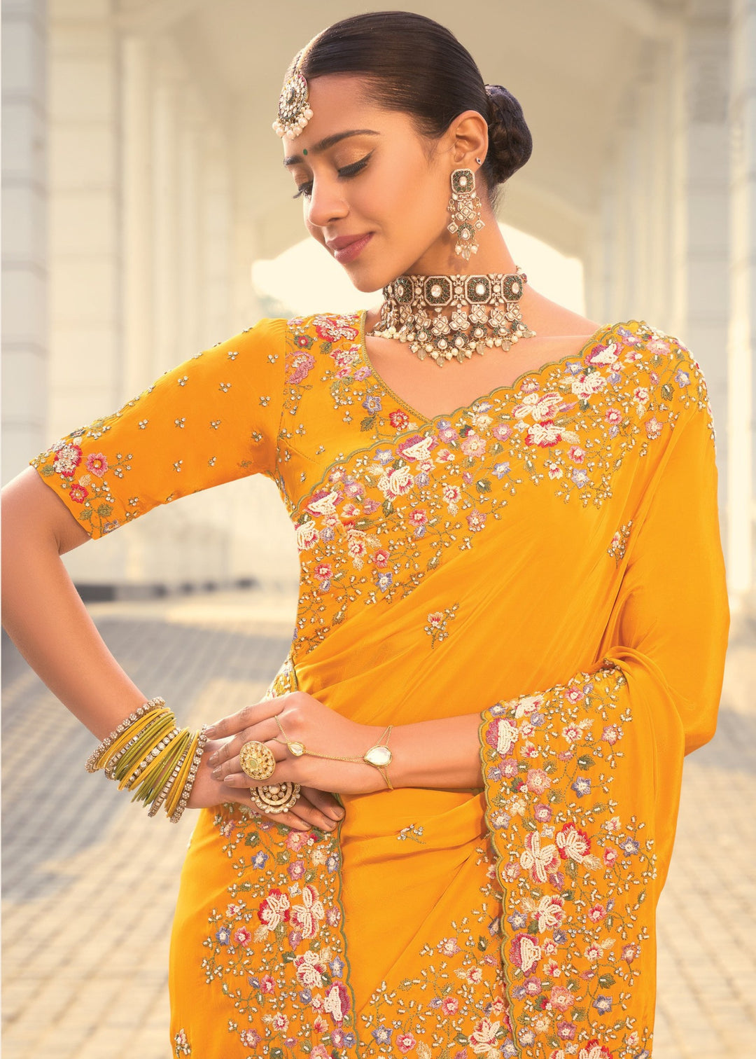 Mustard Pure Crape Saree With Moti Work