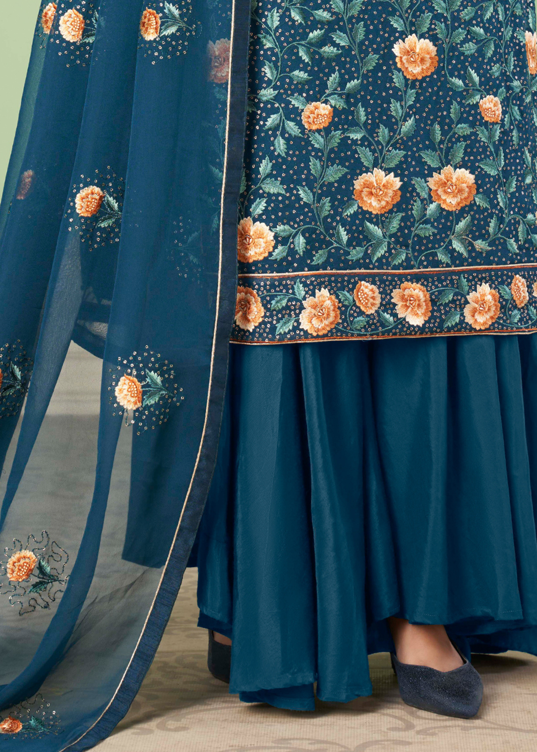 Prussian Blue Georgette Salwar Suit with Multi Colour Thread Embroidery & Sequence work