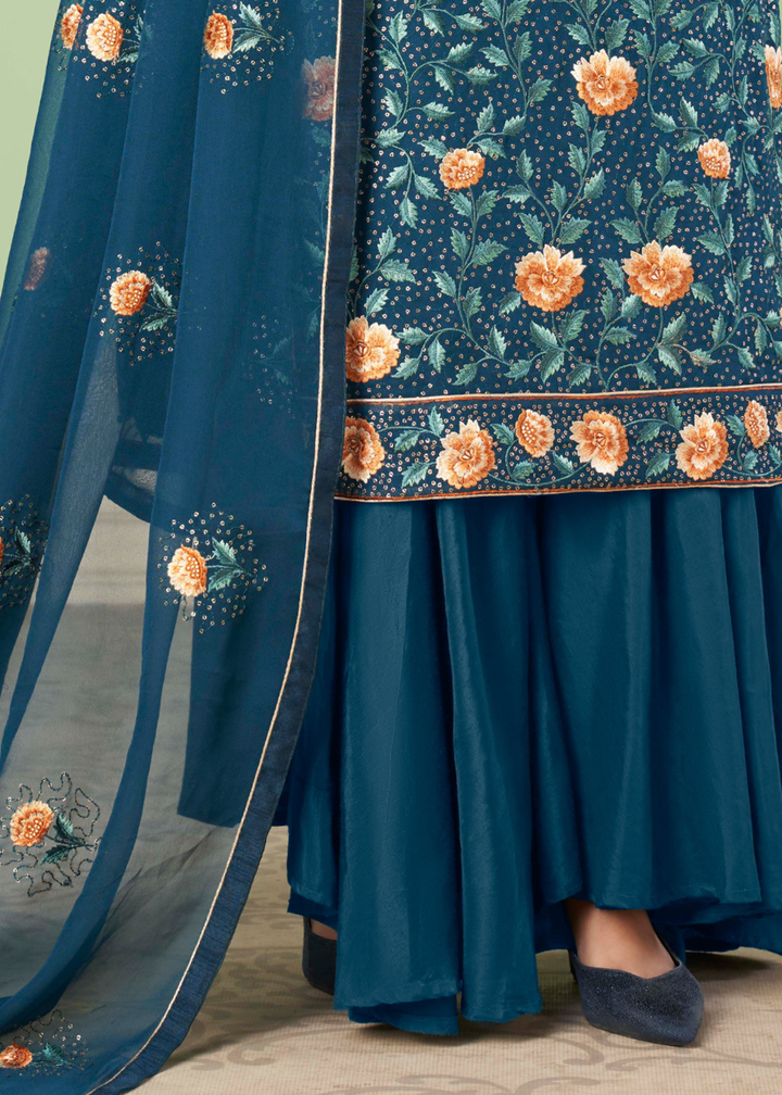 Prussian Blue Georgette Salwar Suit with Multi Colour Thread Embroidery & Sequence work