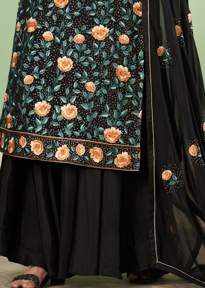 Pebble Black Georgette Salwar Suit with Multi Colour Thread Embroidery & Sequence work