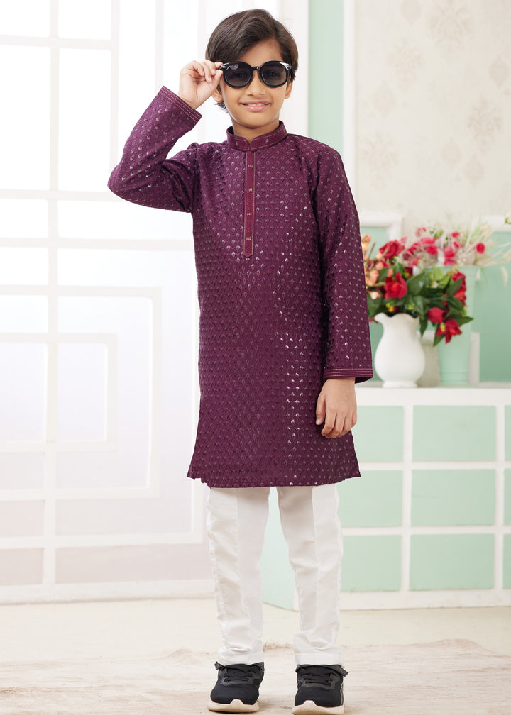 Wine Purple Silk Mens Kurta Set With Thread Embroidery Work