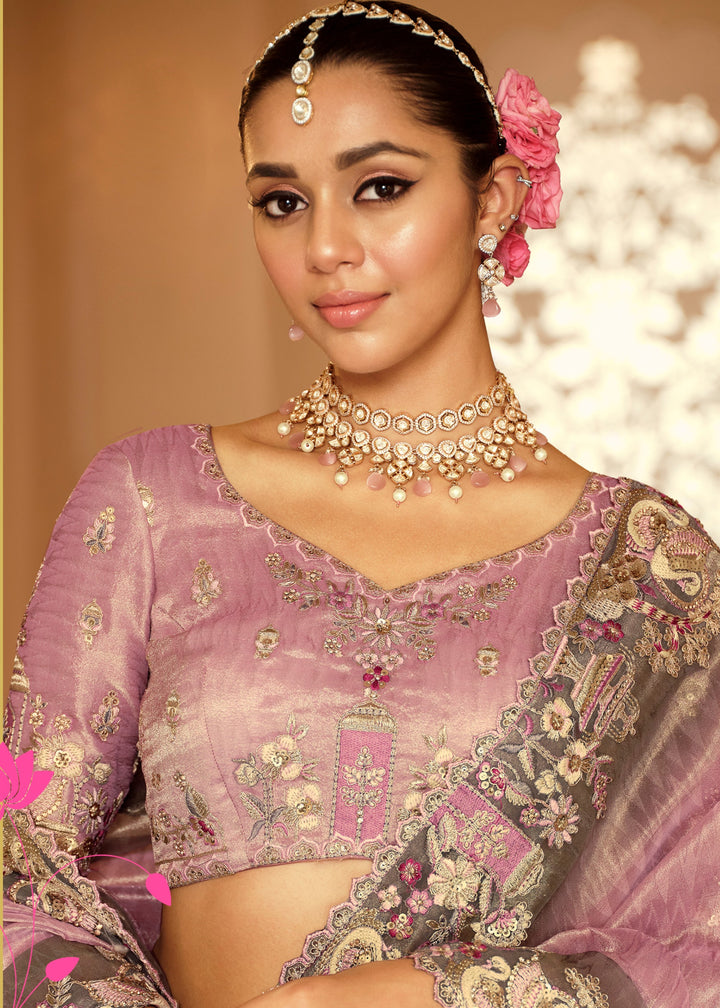 Lavender Mauve with Silver-Grey embroidery Silk Saree