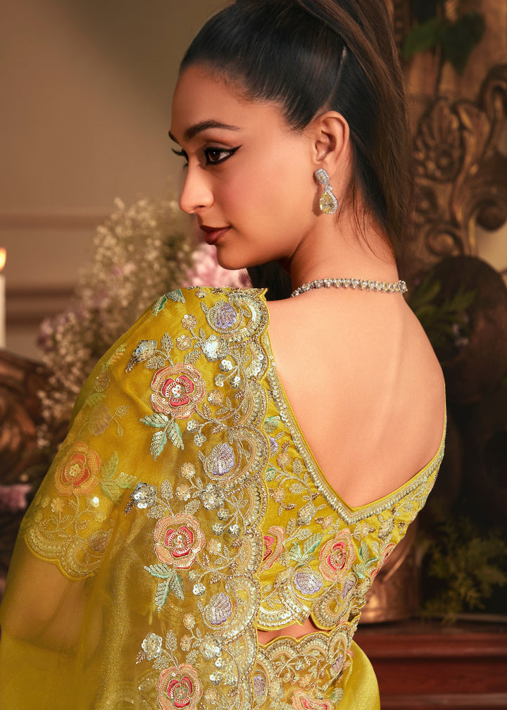 Mustard Yellow Tissue Organza Saree With Heavy Embroidery