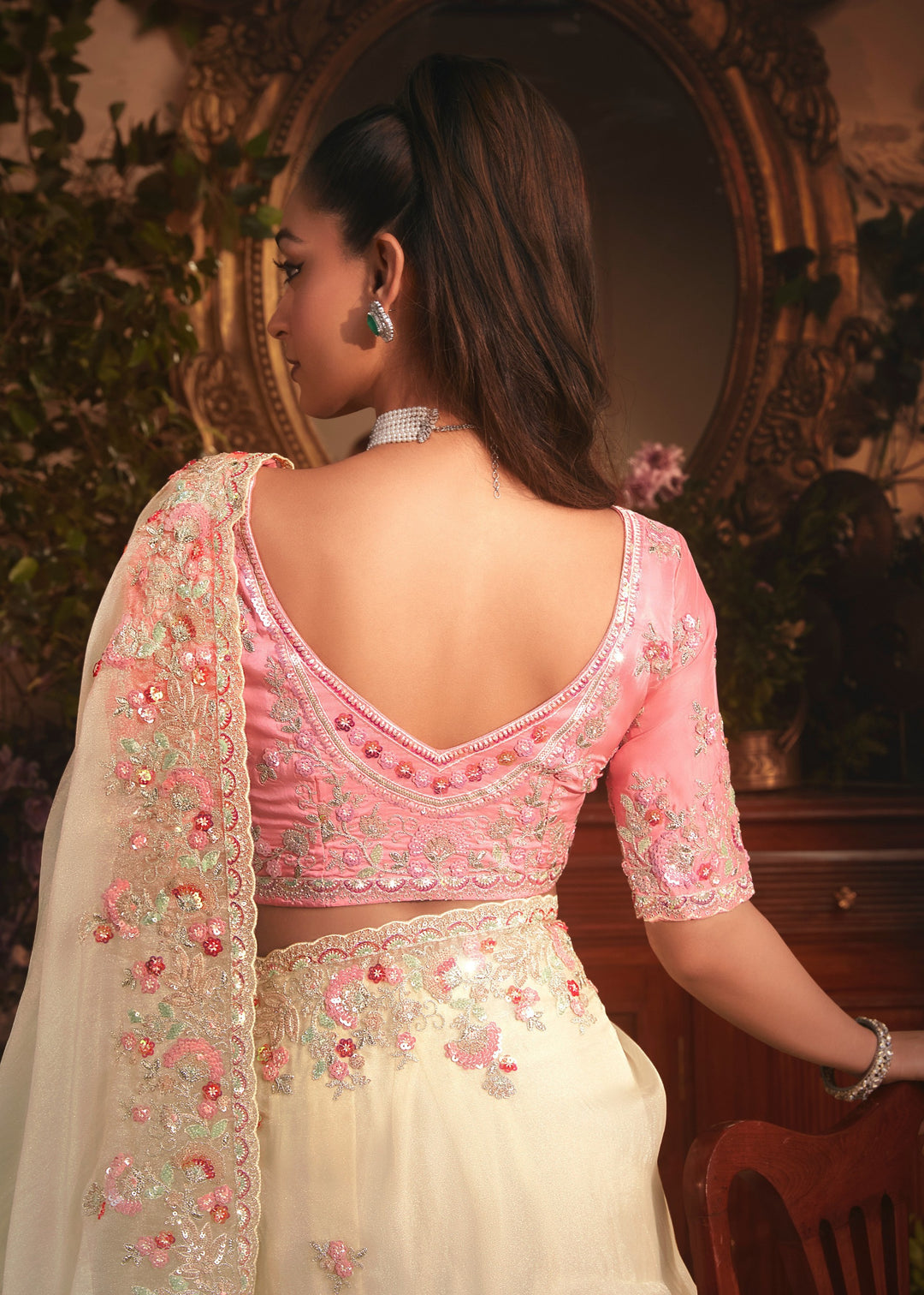 Ivory Tissue Organza Saree With Heavy Embroidery