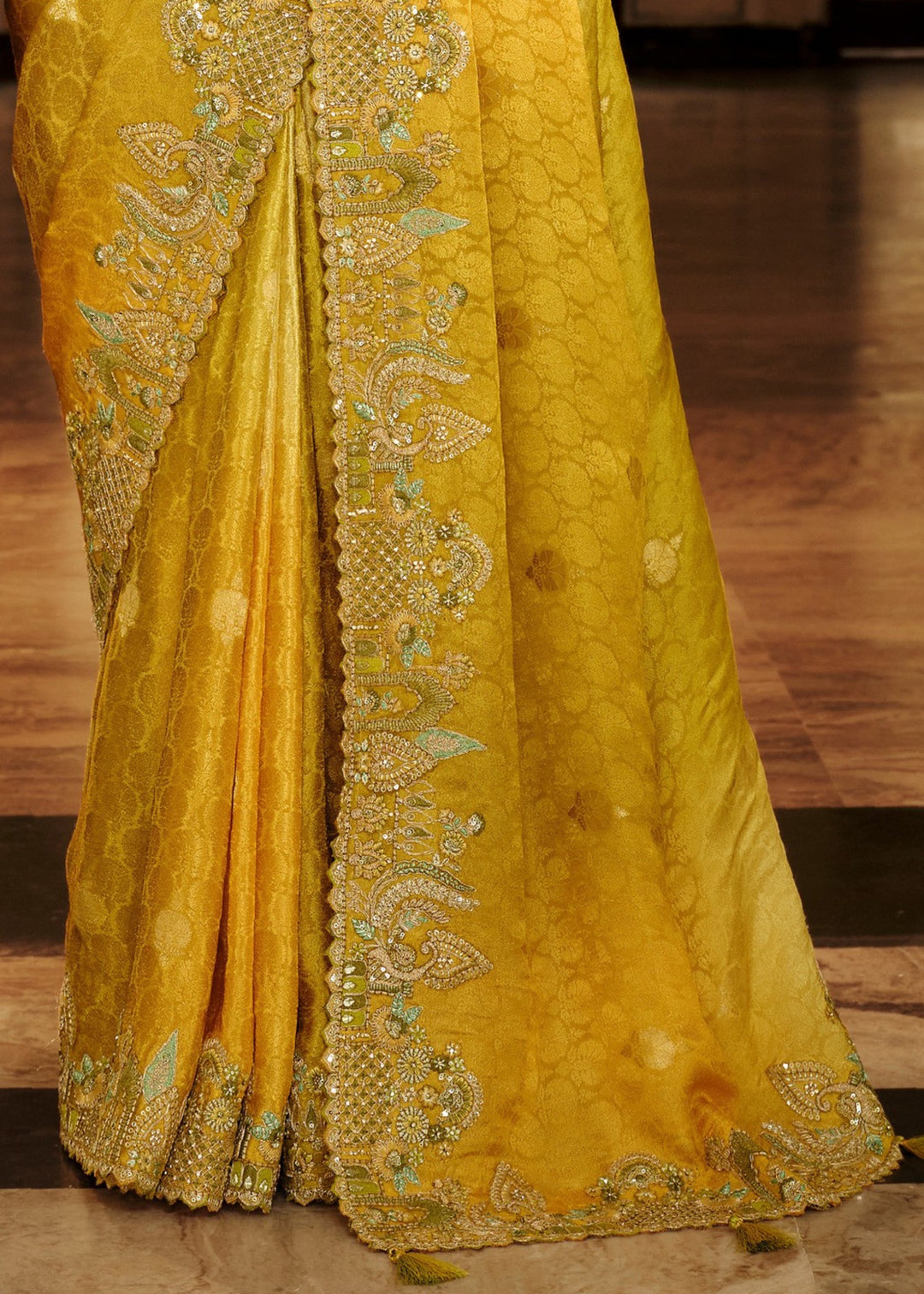 Mustard Yellow With Blue-Grey Embroidery Silk Saree