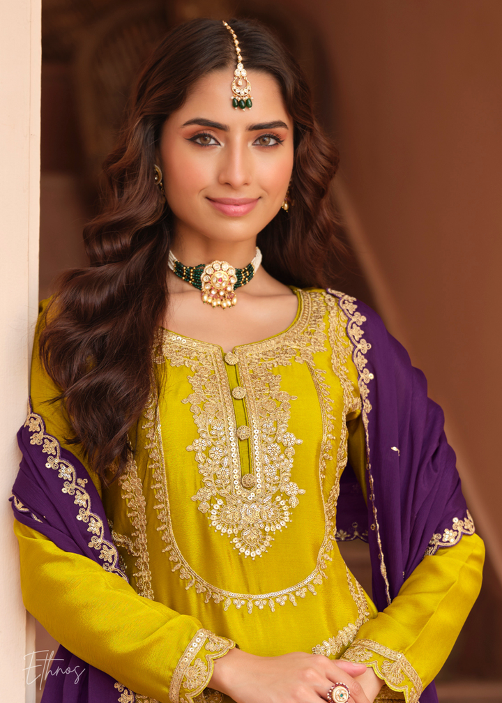 Mustard Yellow And Deep Purple Silk Salwar Suit