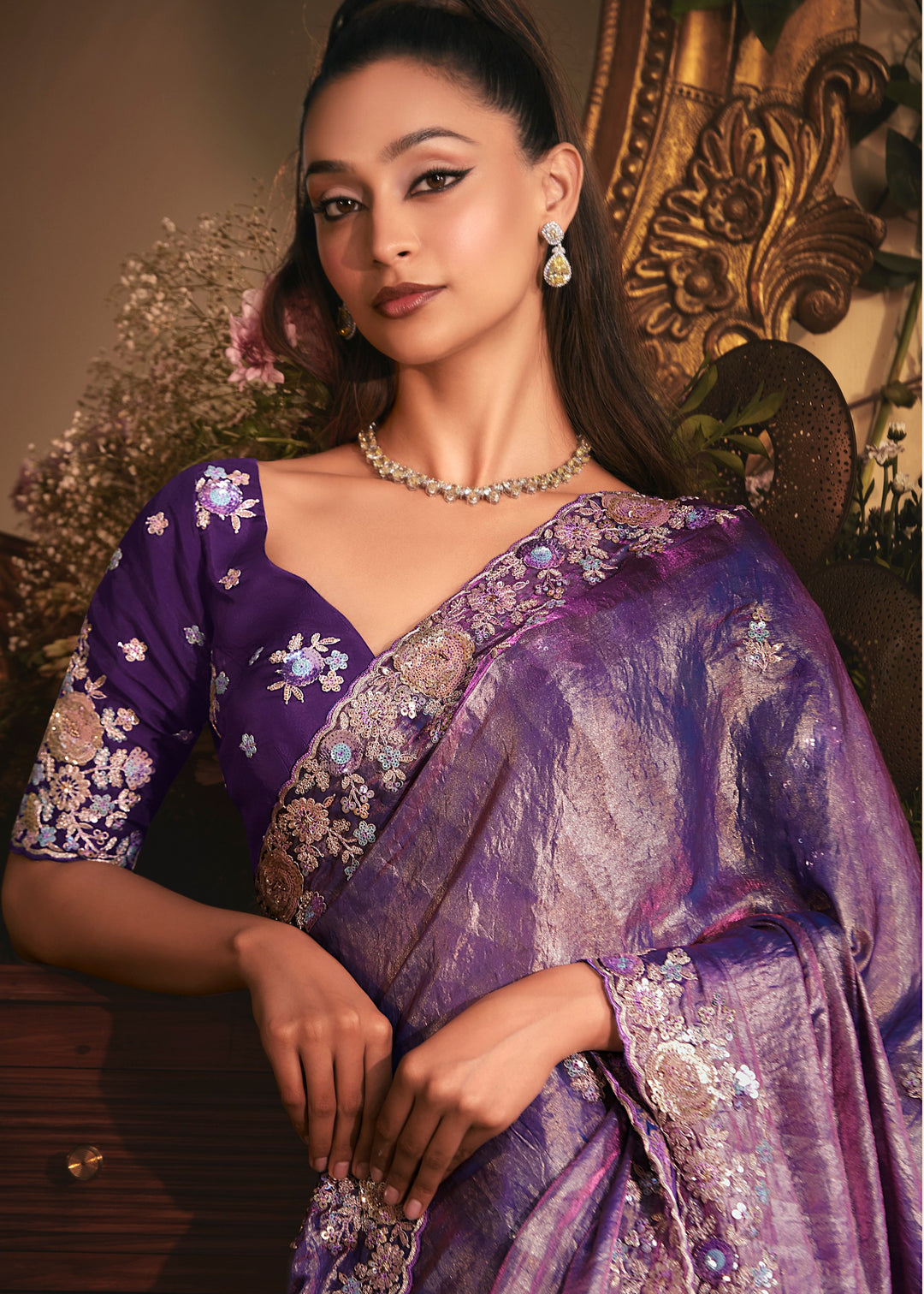 Royal Purple Tissue Organza Saree With Heavy Embroidery