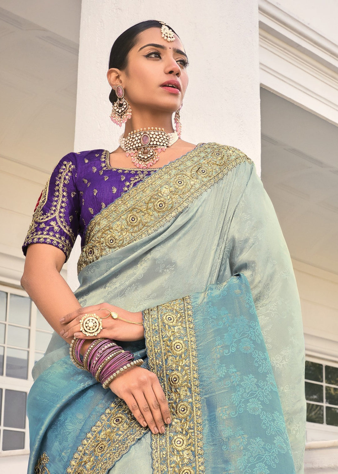 Grey - Blue Natural Crape Jaquard Saree with Jari Work