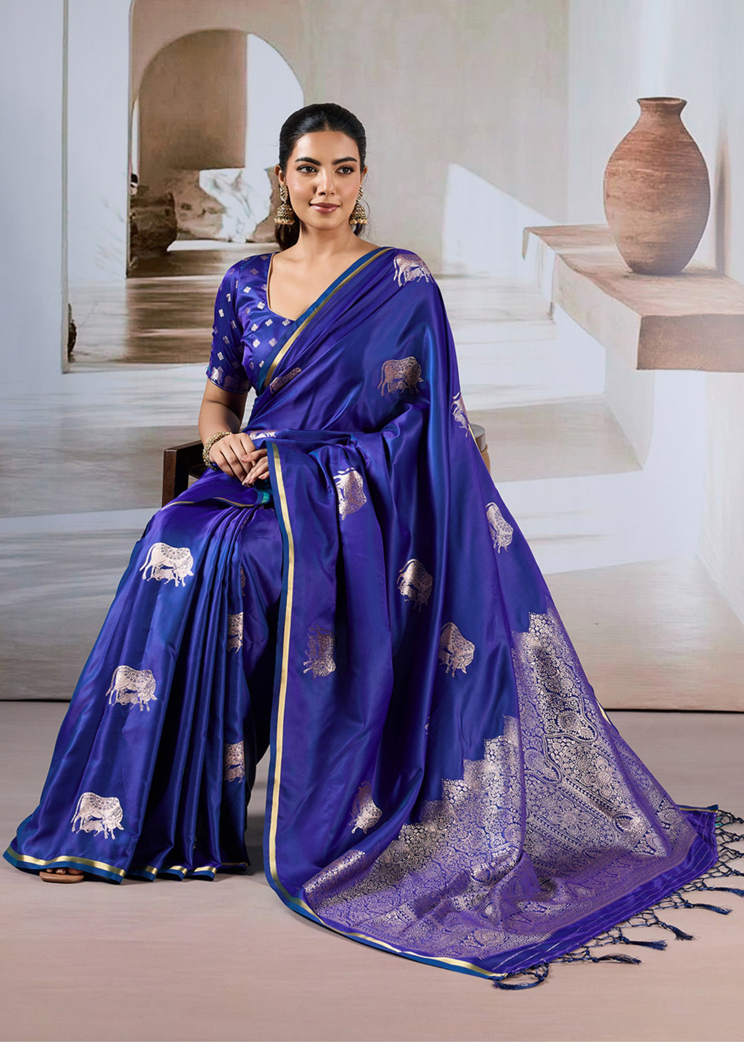 Blue Pure Satin Handloom Weaving Saree