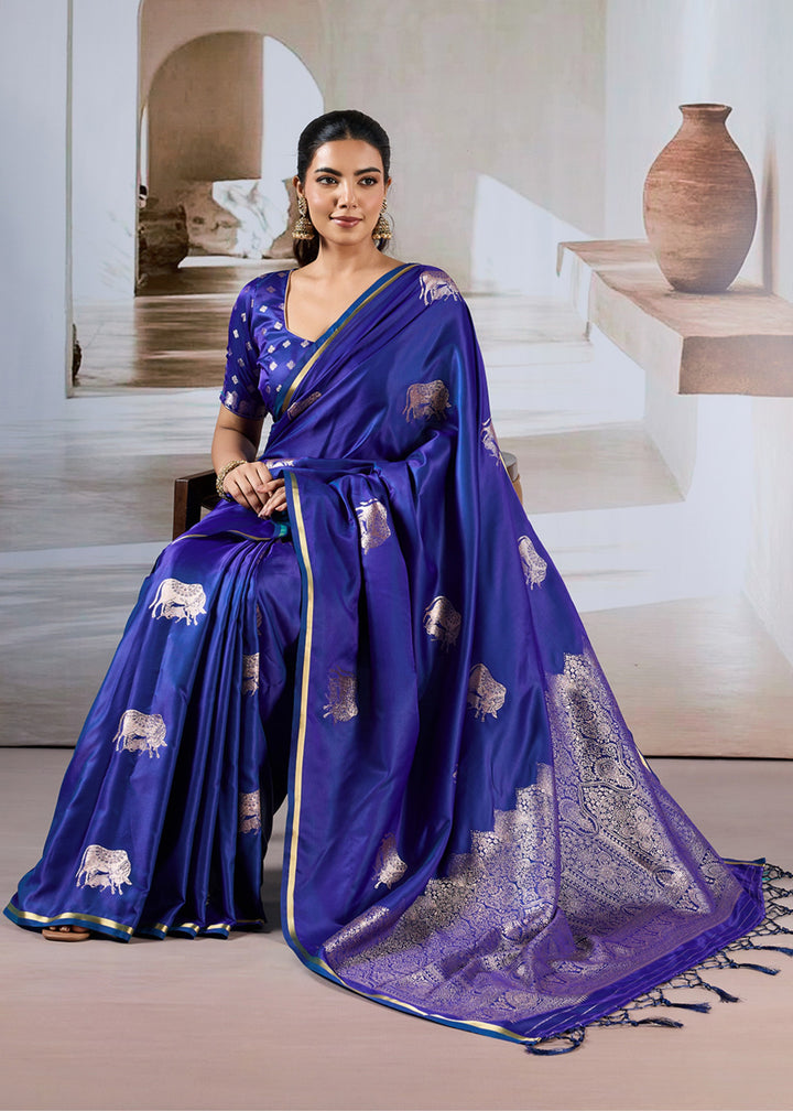 Blue Pure Satin Handloom Weaving Saree