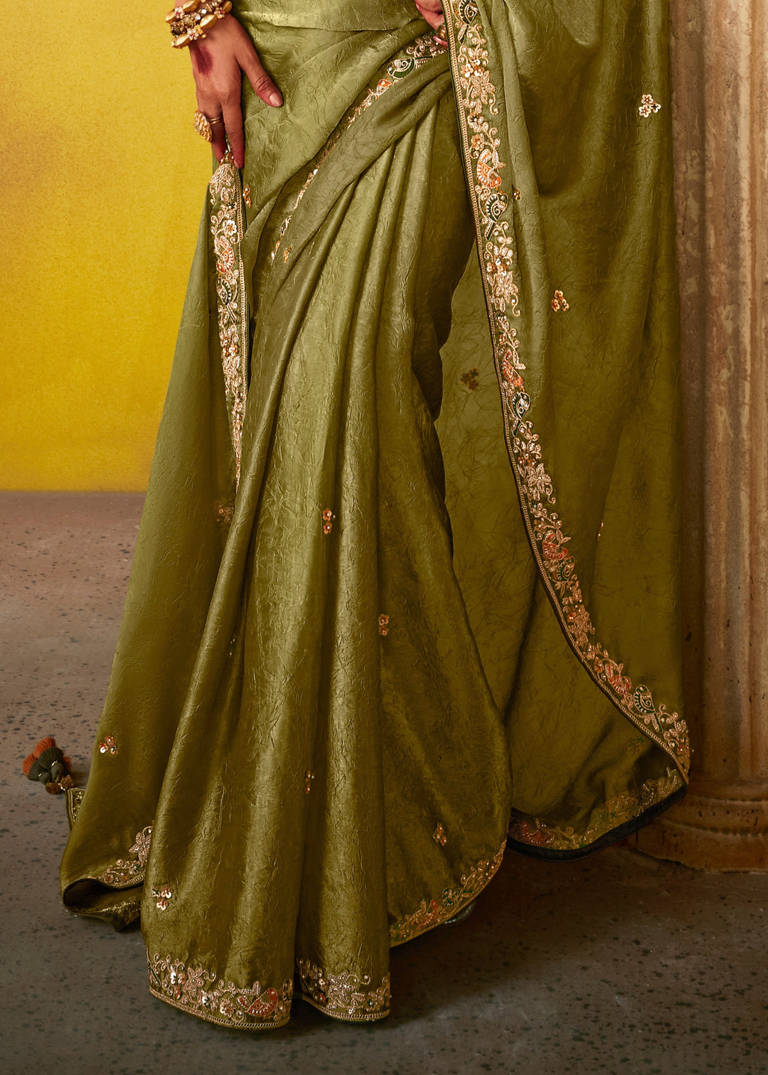 Olive Green Glass Tissue Silk Saree With Sequins And Thread Embroidered Work : Top Pick