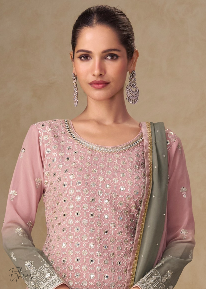 Blush Pink And Olive Grey Georgette Salwar Suit