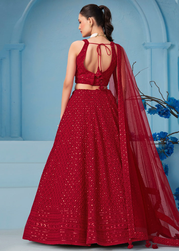 Red Georgette Lehenga With Sequins and Thread Embroidered Work