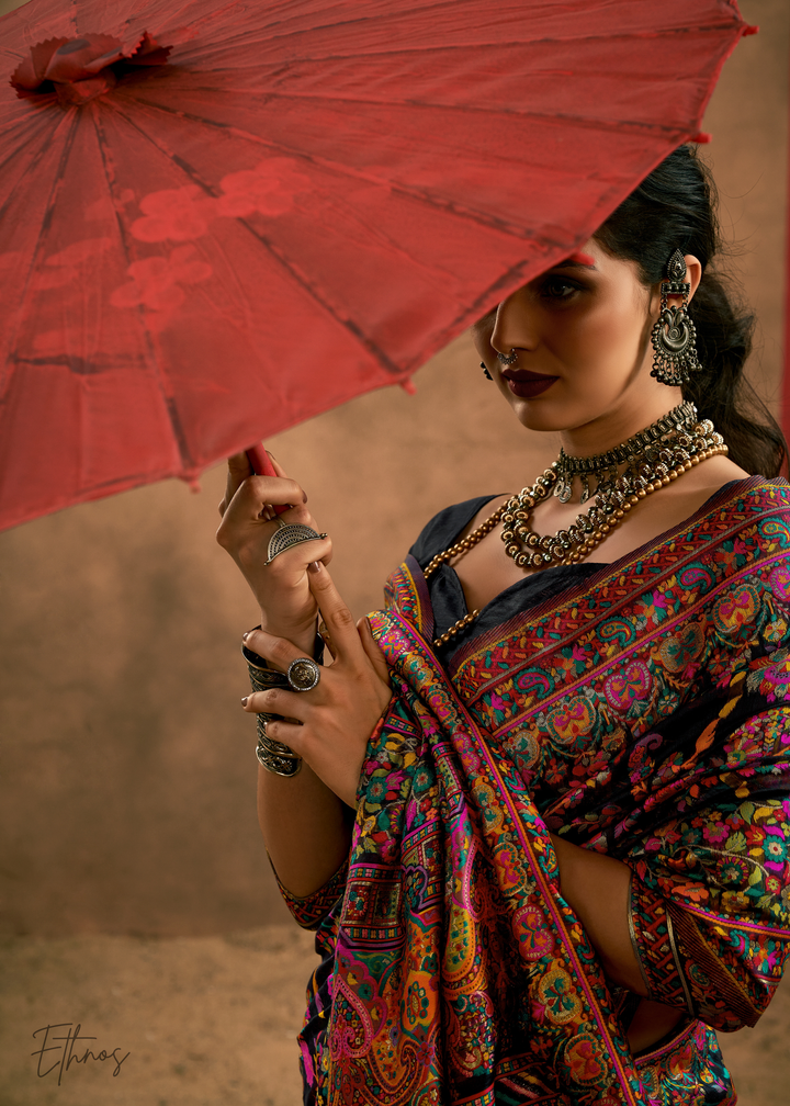 Noir Black with Multicolour Kashmiri Floral Weave Saree