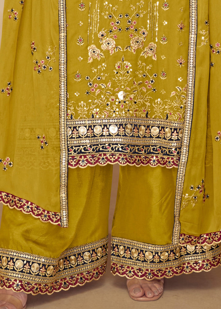 Citrine Yellow Chinon Palazzo Silk Suit With Beautiful Embroidery Work