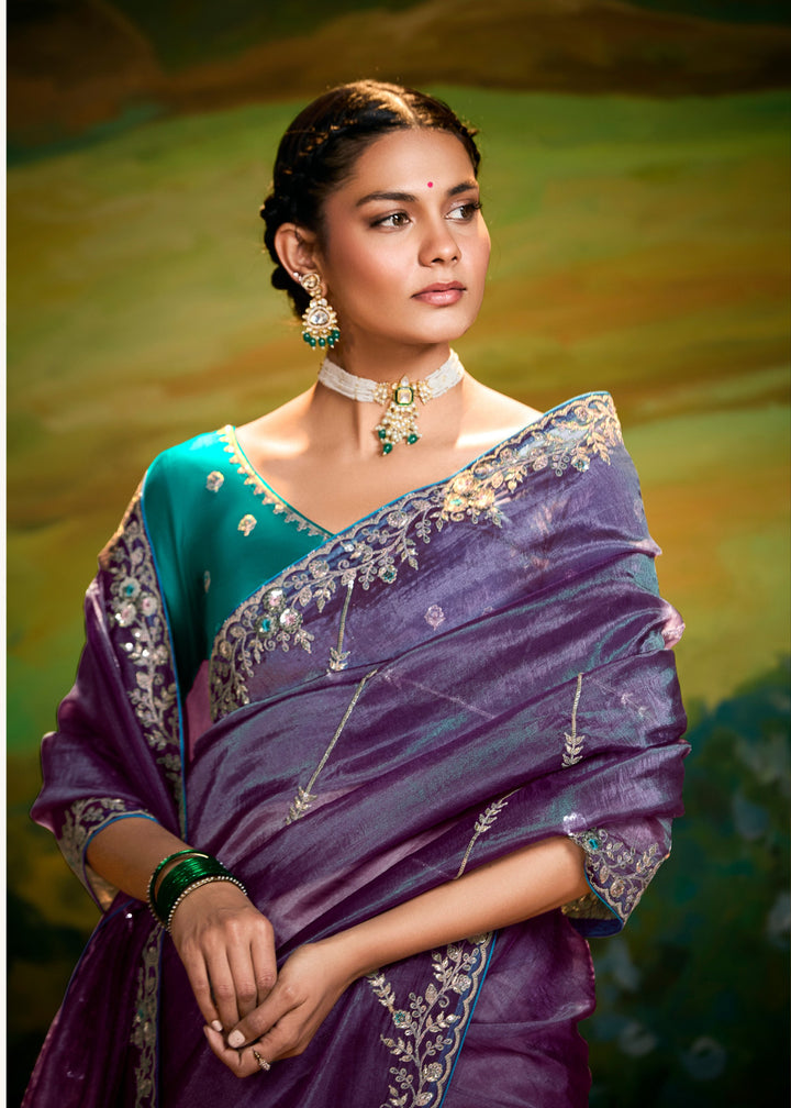 Eminence Purple Saree With Embroidery And Handwork Designer Cut Border