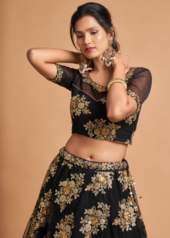 Onyx Black Designer Soft Net Lehenga Choli with Zari & Sequins work