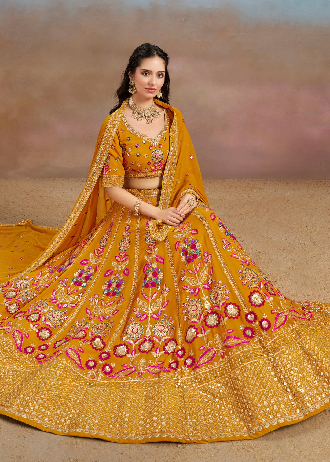 Yellow Sequins And Zari With Dori And Resham Embroidery Work Georgette Lehenga
