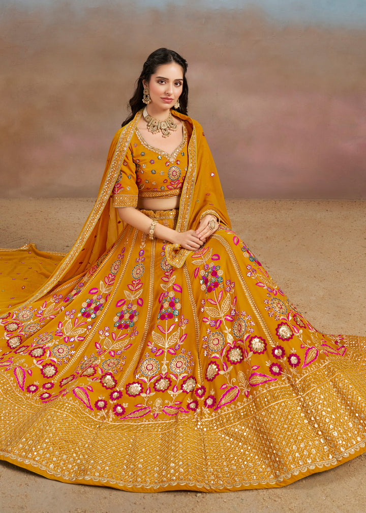 Yellow Sequins And Zari With Dori And Resham Embroidery Work Georgette Lehenga