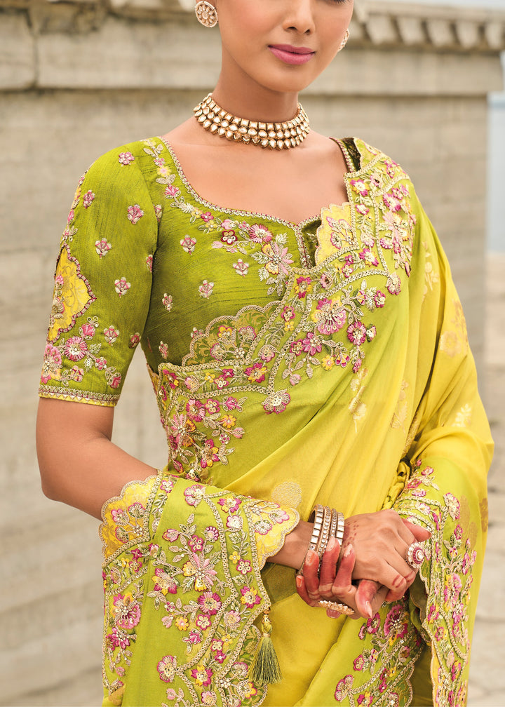 Bright Yellow Viscose Tissue Silk Saree