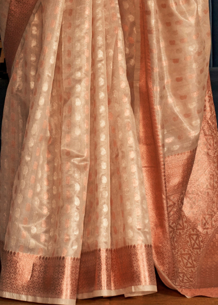 Golden Copper Silver & Gold Zari Base Handloom Weaving Tissue Saree