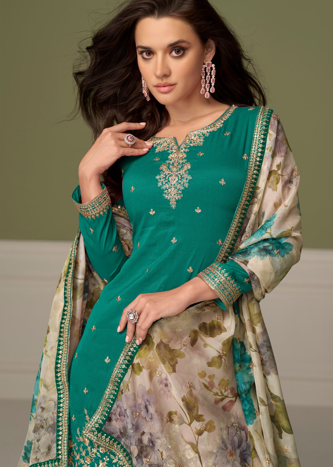 Deep Emerald Green Palazzo Silk Suit With Floral Dupatta