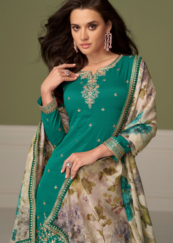 Deep Emerald Green Palazzo Silk Suit With Floral Dupatta