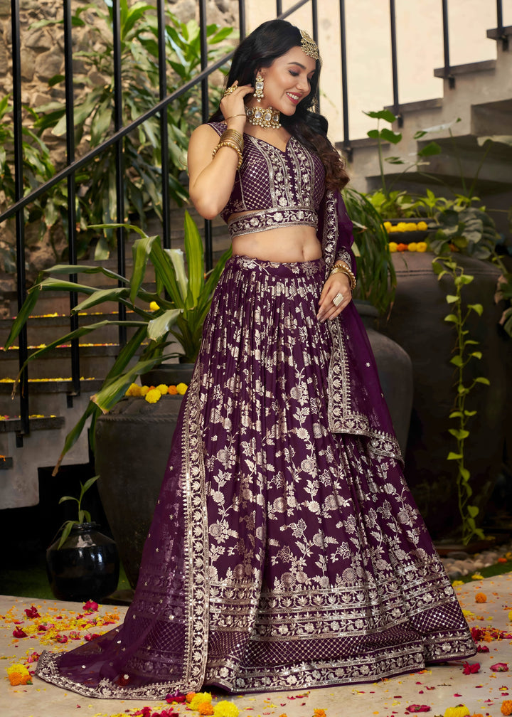 Wine Sequins and Zari Embroidery Work Silk Lehenga