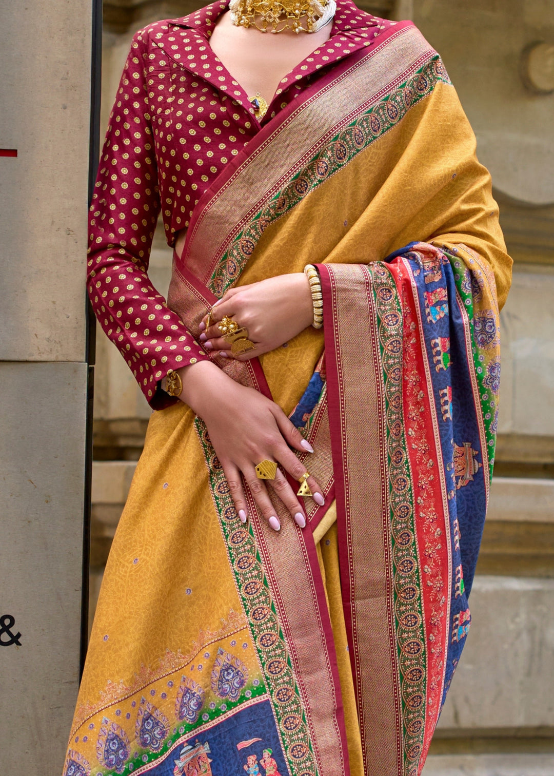 Amber Yellow Poly Viscose Silk Saree With Foil Print