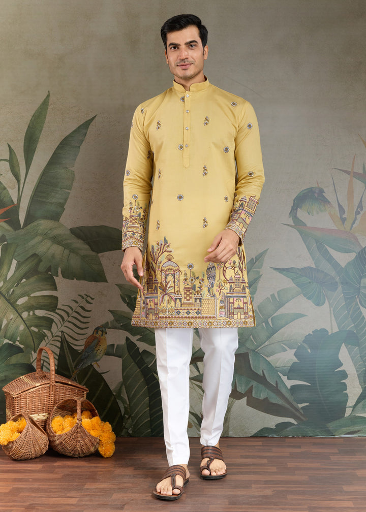 Daffodil Yellow Viscose Silk Kurta Set With Thread & Sequins Embroidered Work