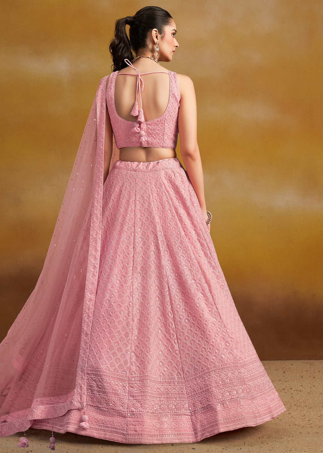 Light Pink Georgette Lehenga With Sequins and Thread Embroidered Work