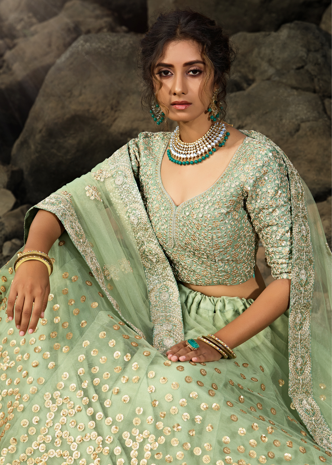 Emerald Green Designer Soft Net Lehenga Choli with Sequins & Dori work