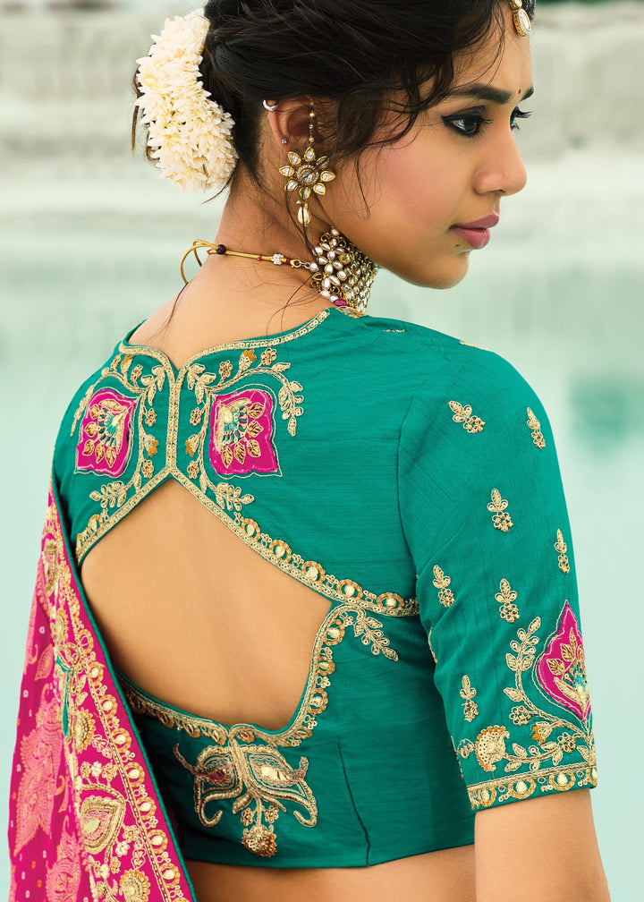 Bright Pink Georgette Bandhej Saree With Moti & Cut-Dana Handwork Border