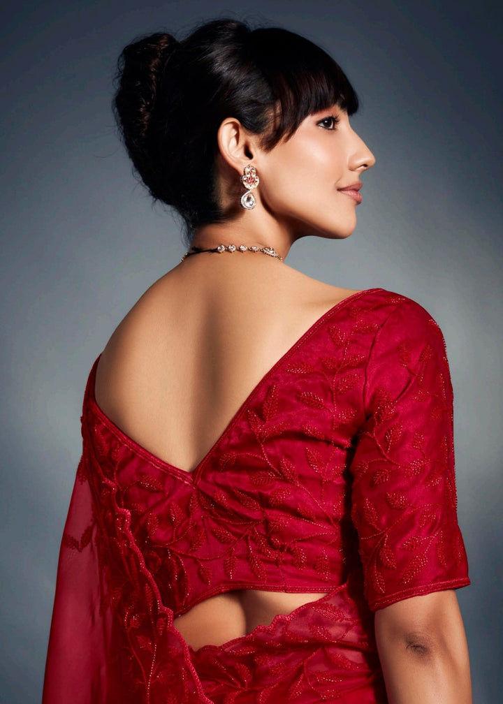 Red Pure Fancy Saree with Hand Worked Border