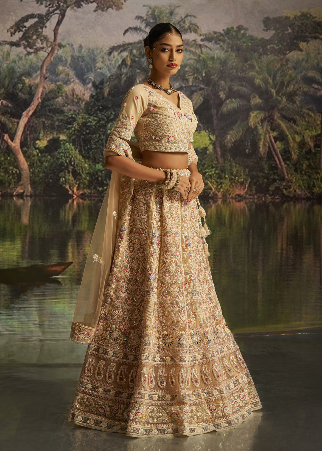 Cream Soft Net Lehenga With Multicolor Embroidery